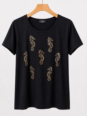 Anna Sui Seahorse Rhinestone Embellished Black Tee Relaxed Fit Short Sleeve TopM